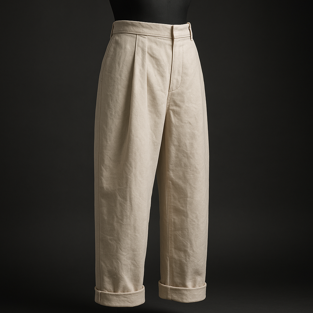 A draped trouser in undyed cloth with a deep pleat and turned cuff