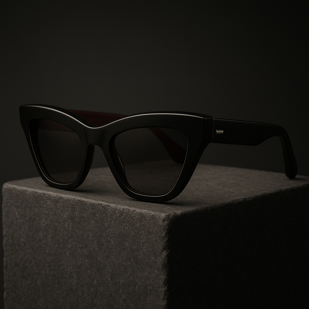 Angular eyewear with a heavy brow bar and a deep oxblood interior
