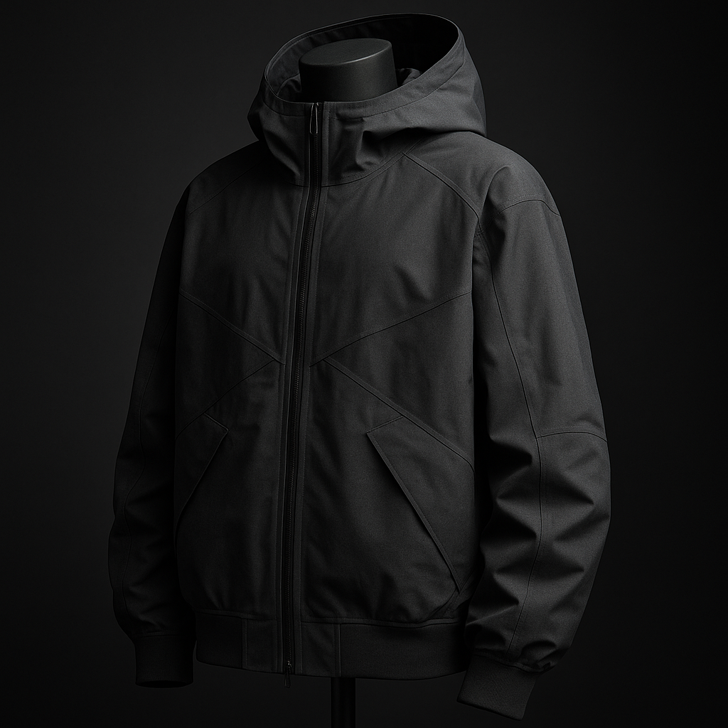 A technical shell jacket with bonded seams and a sculpted hood