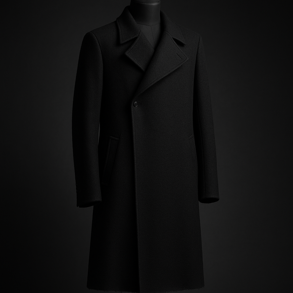 A long overcoat with an asymmetric storm flap and a raw-cut hem