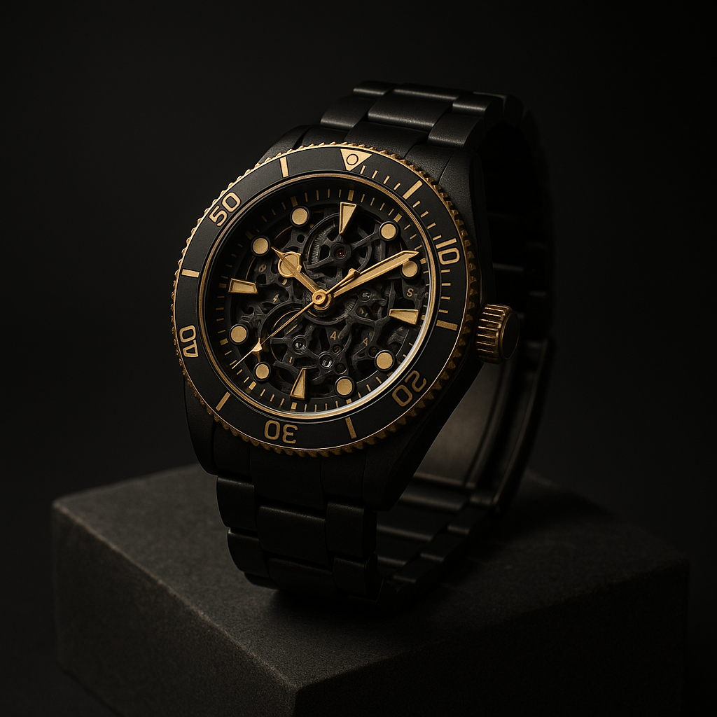 A skeleton dive watch with an exposed movement and knurled bezel